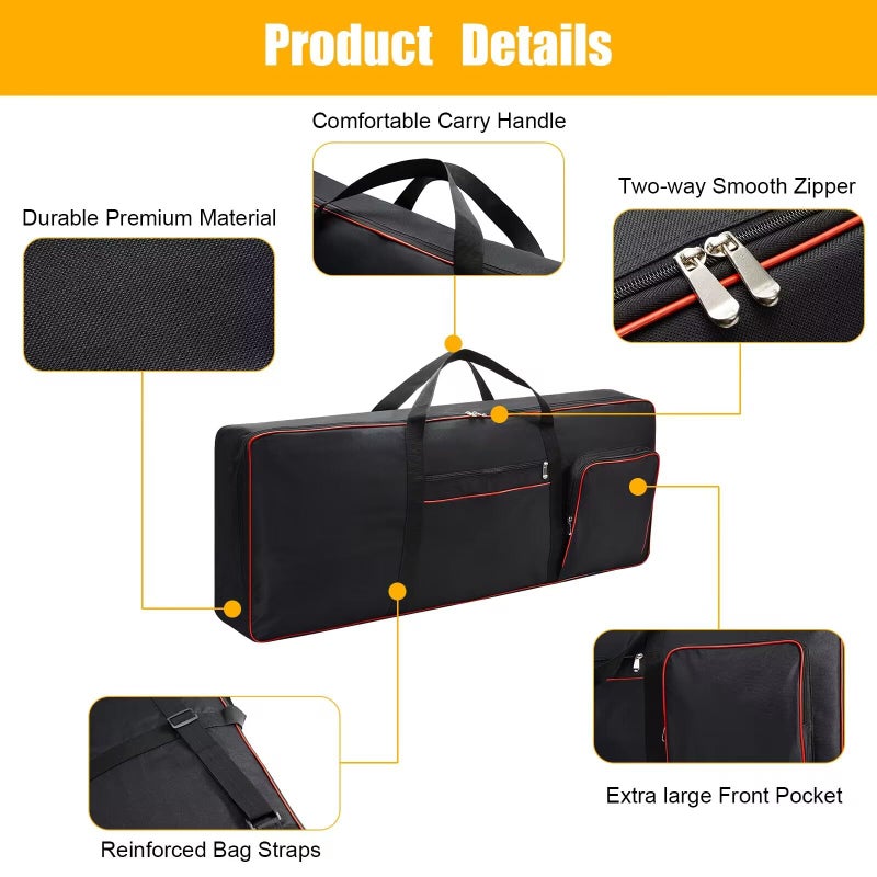 QEES 61 Key Keyboard Case Gig Bag Padded, Keyboard Cover, Portable Electric Keyboard Piano 600D Oxford Cloth with 10mm Cotton Case Gig Bag 40.1"x15.7"x4.7" GJB54 (black+red) - Image 5